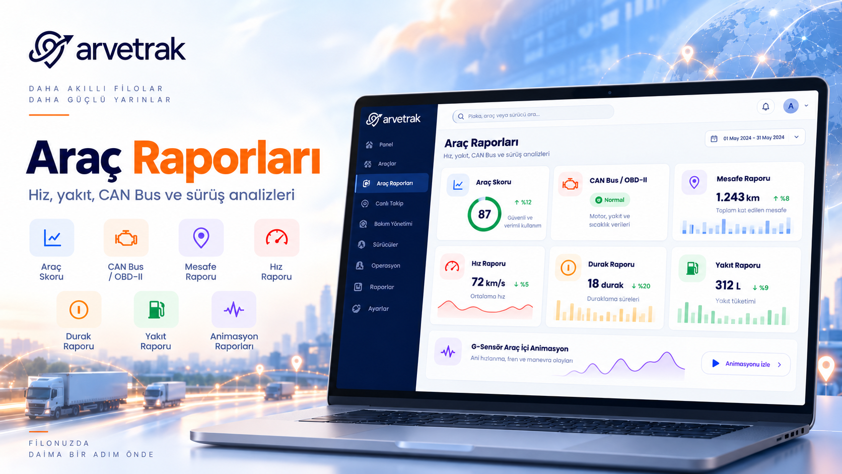 ARVETRAK araç raporları ekranında hız yakıt CAN Bus ve sürüş analizleri