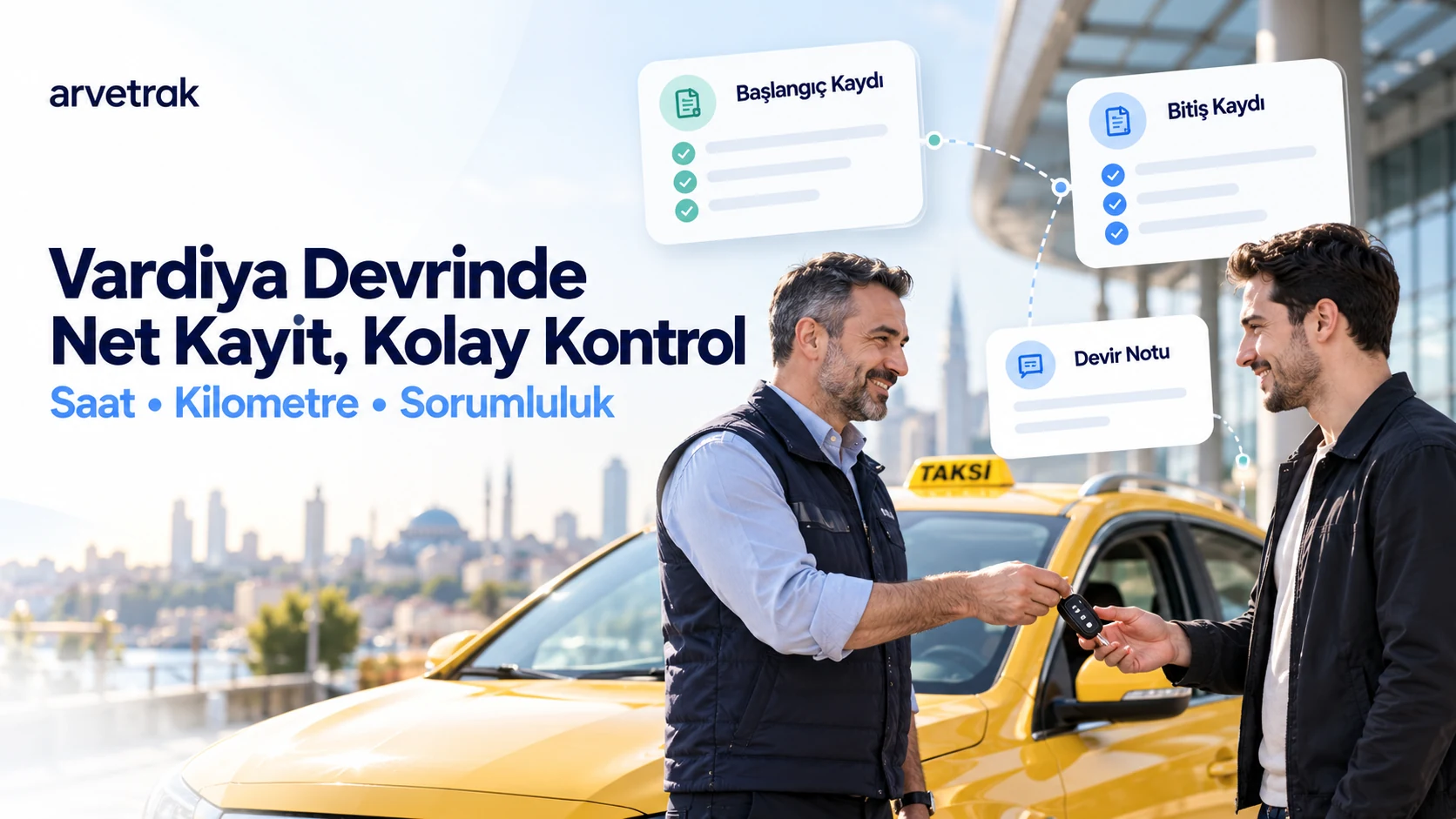 Taksi sürücüleri arasında anahtar teslimi ve araç kontrol kaydını anlatan temsili vardiya devir görseli