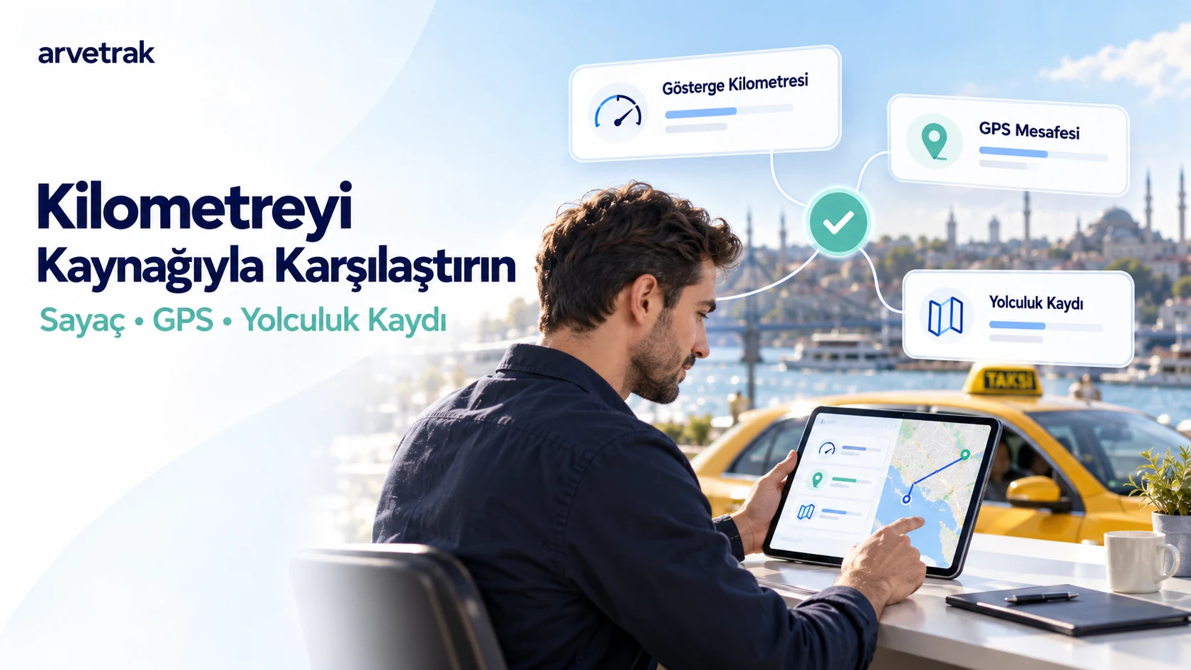 Taksi rota raporu, kilometre göstergesi ve ayrı yolculuk kayıtlarının insan kontrolüyle eşleştirilmesini anlatan temsili görsel