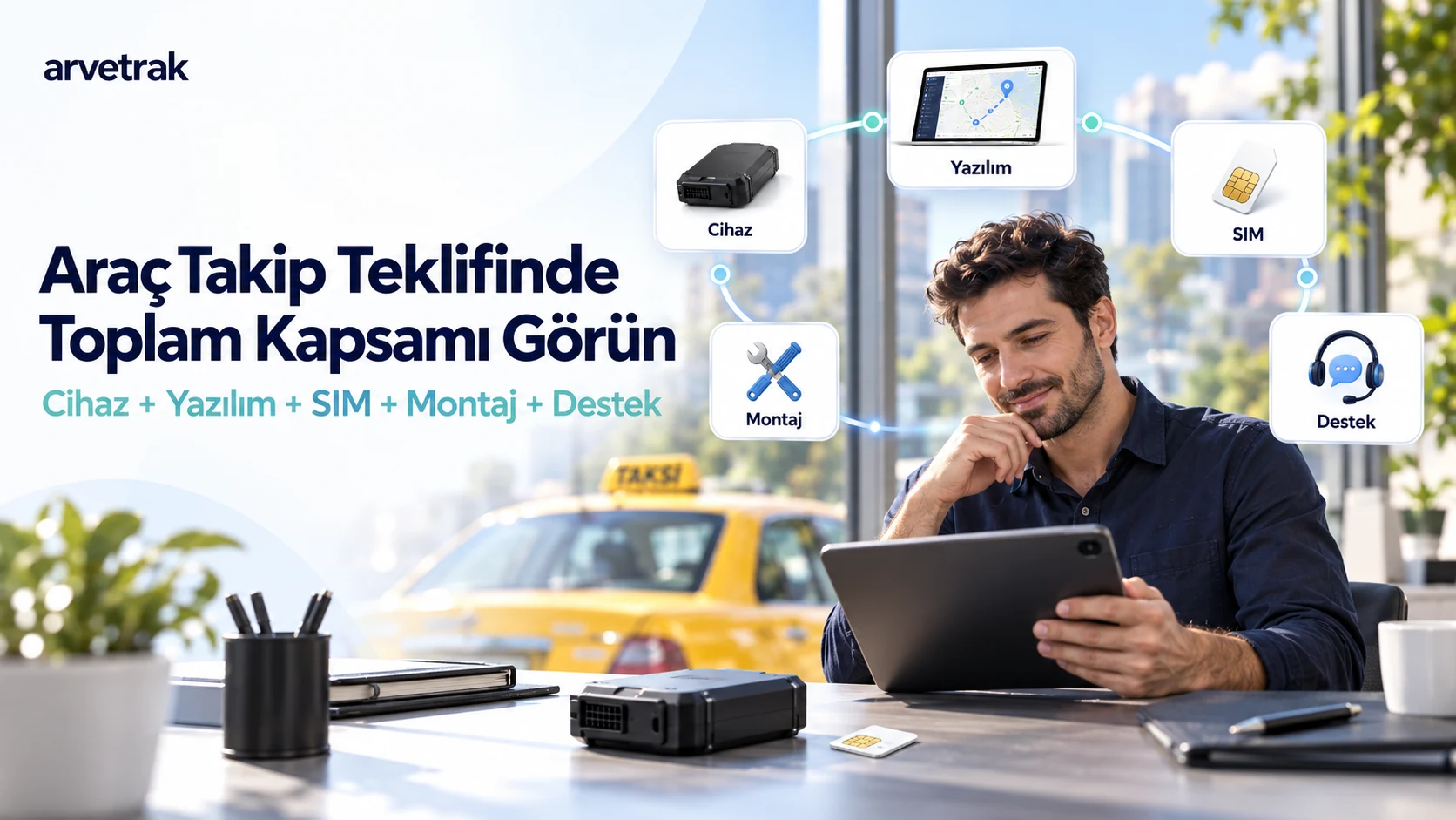 GPS cihazı, SIM kart, yazılım ekranı, montaj anahtarı ve teklif kontrol listesini bir arada gösteren temsili görsel