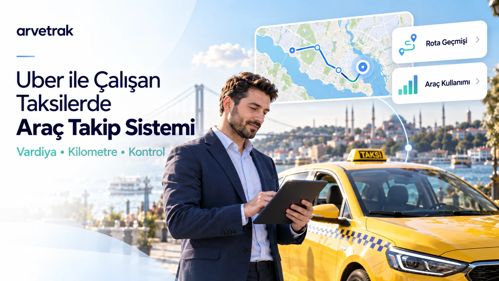 Uber ile çalışan taksilerde araç takibi: İstanbul taksisi, araç sahibi ve temsili rota-kullanım bilgi kartları