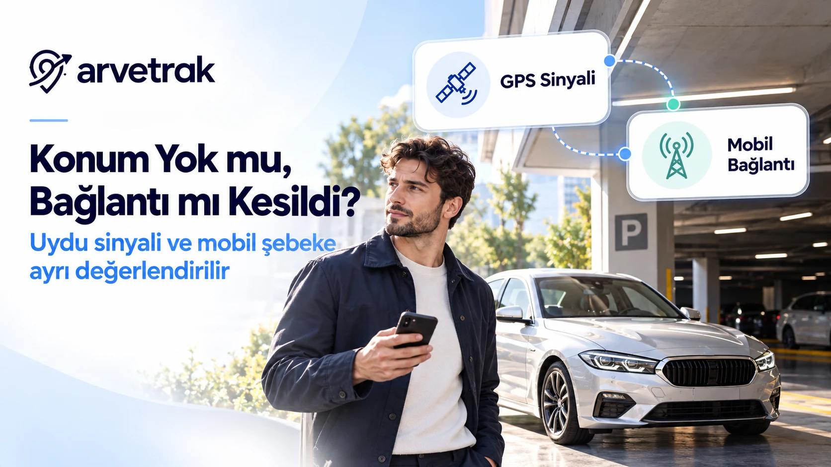 Kapalı otopark çıkışındaki otomobilde GPS sinyali ve mobil bağlantı katmanlarını ayrı anlatan temsili görsel