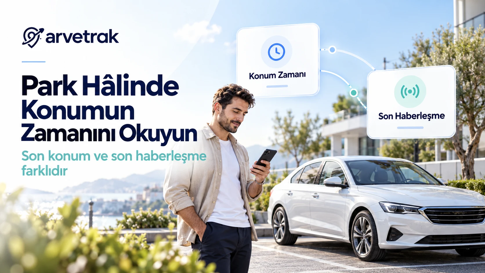 Park edilen özel otomobil için konum zamanı ve son haberleşme bilgisini ayrı gösteren temsili tasarım