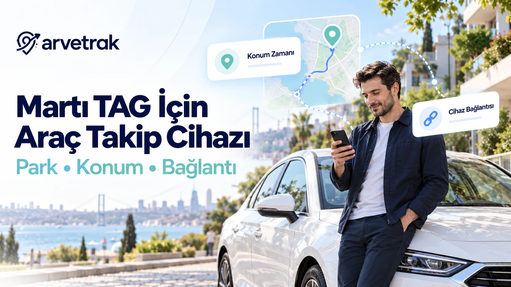 Martı TAG kullanan araç sahibinin özel otomobili için park, konum zamanı ve bağlantı kontrolünü anlatan temsili tasarım
