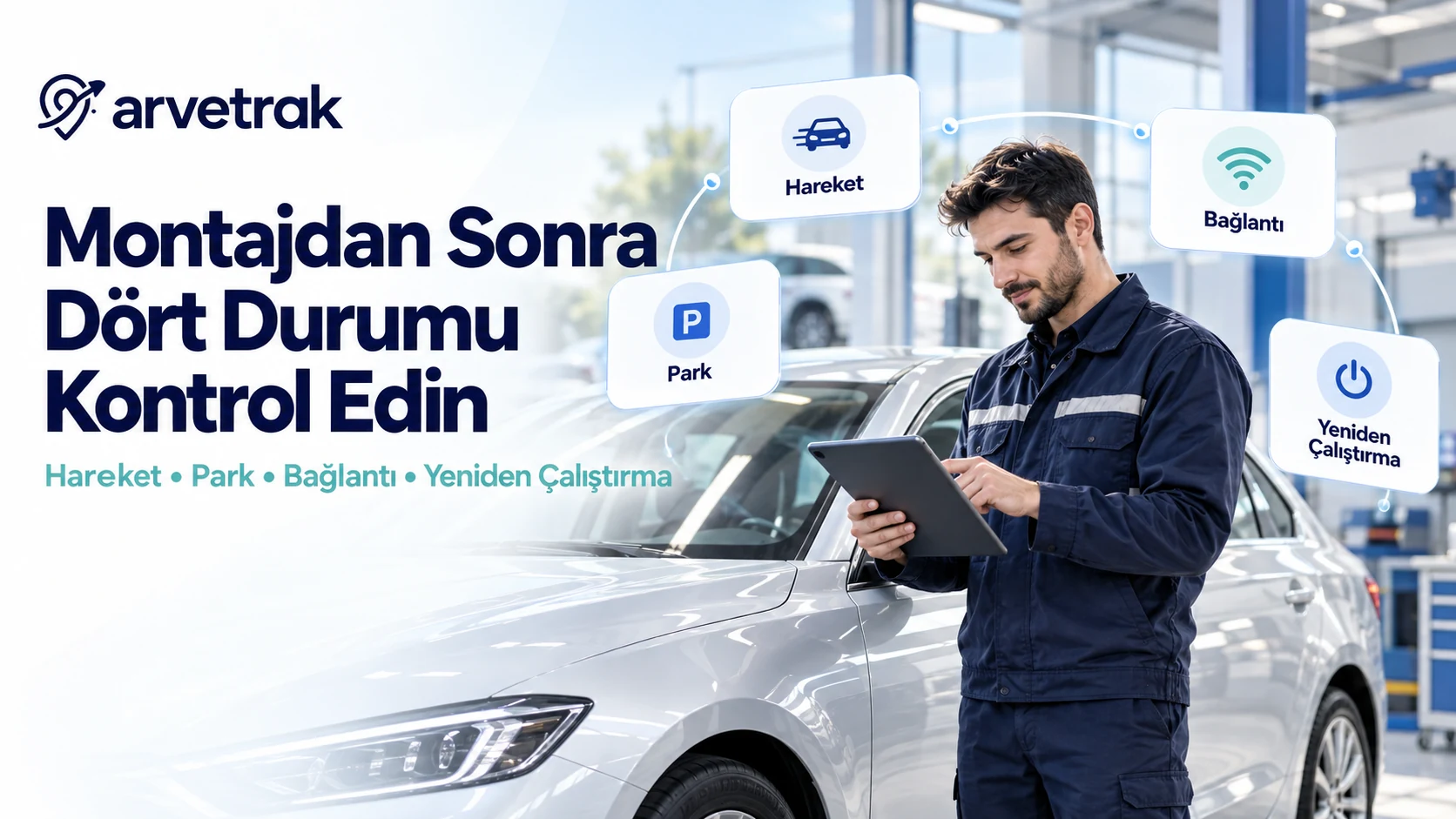 Binek otomobil montajından sonra hareket, park, bağlantı ve yeniden çalıştırma kontrollerini gösteren temsili tasarım