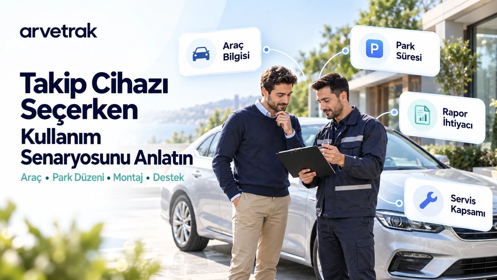 Özel araç sahibinin park düzeni ve rapor ihtiyacını montaj uzmanıyla değerlendirdiği temsili teklif görüşmesi