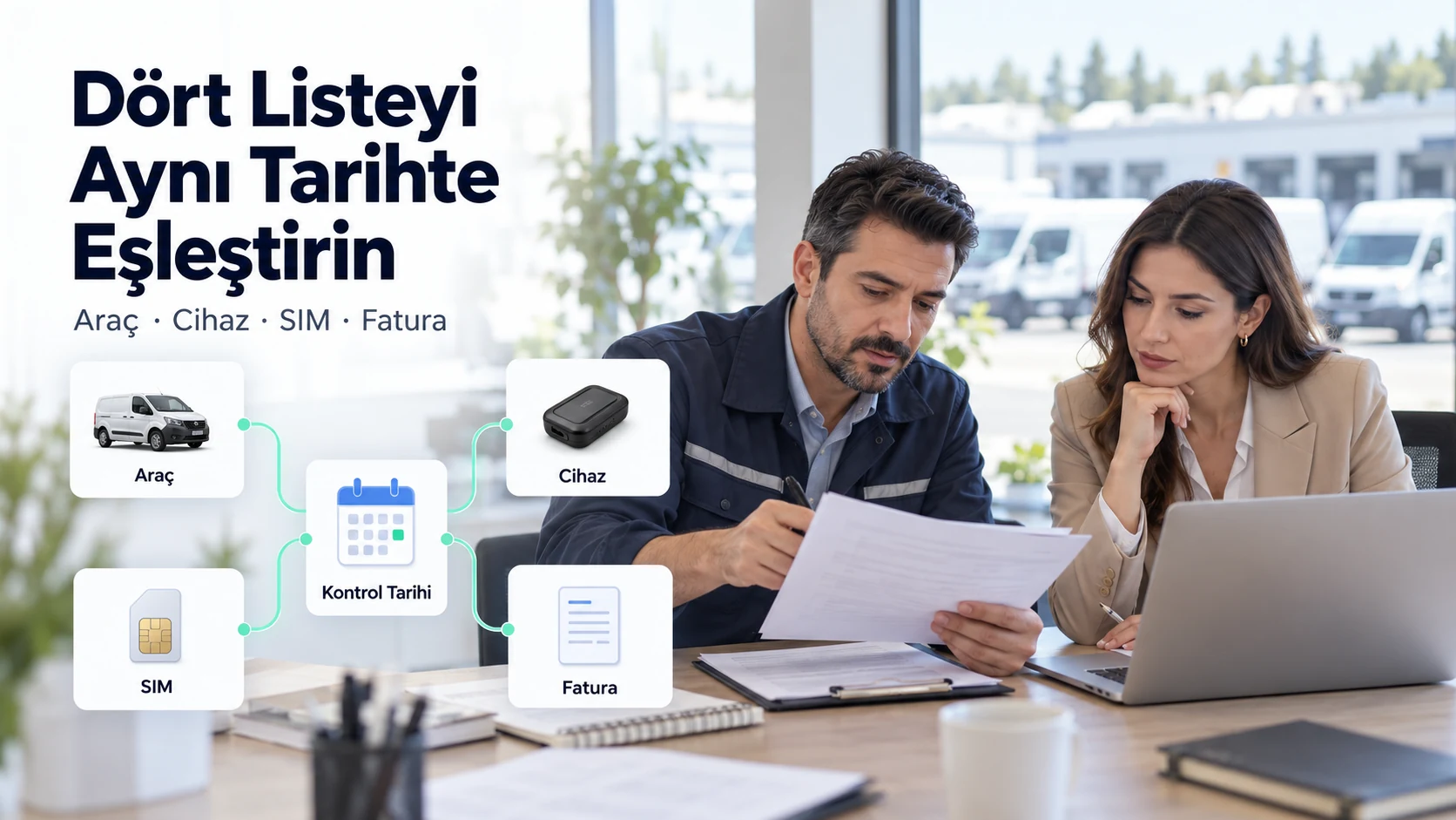 Araç, cihaz, SIM ve fatura listelerinin aynı kontrol tarihi altında eşleştirilmesini anlatan temsili görsel