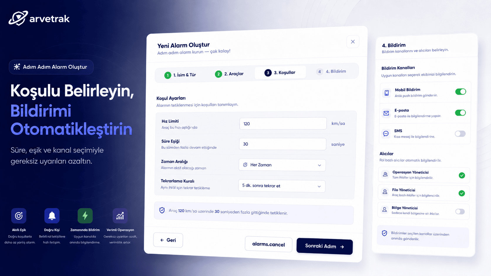 Filo alarm koşullarının tanımlandığı yönetim ekranı.