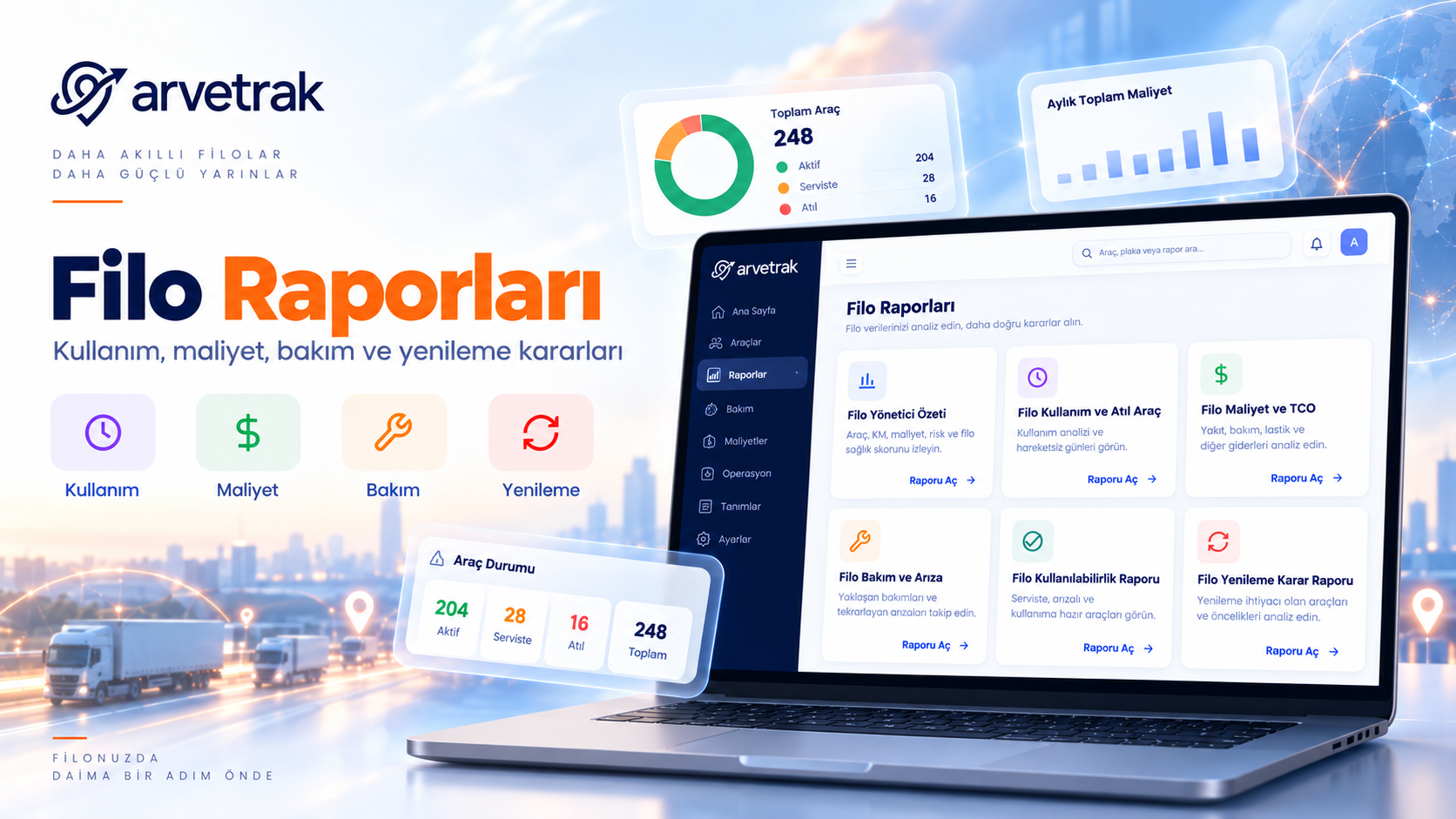500 araçlık lojistik filosu için filo raporları ve operasyon analiz ekranı