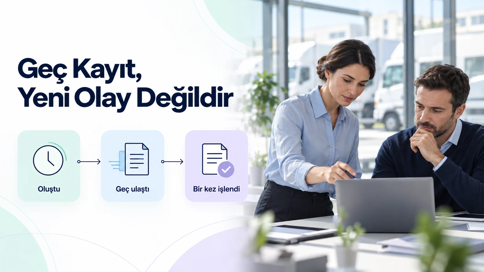 Geç ulaşan araç takip kaydının yeni bir olay sayılmadan incelenmesini anlatan temsili süreç görseli