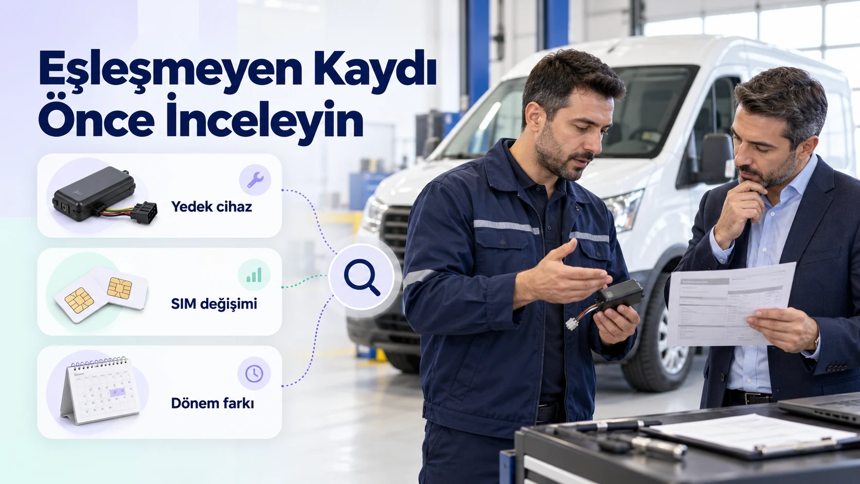 Yedek cihaz, SIM değişimi ve dönem farkının servis kaydıyla incelenmesini anlatan temsili görsel