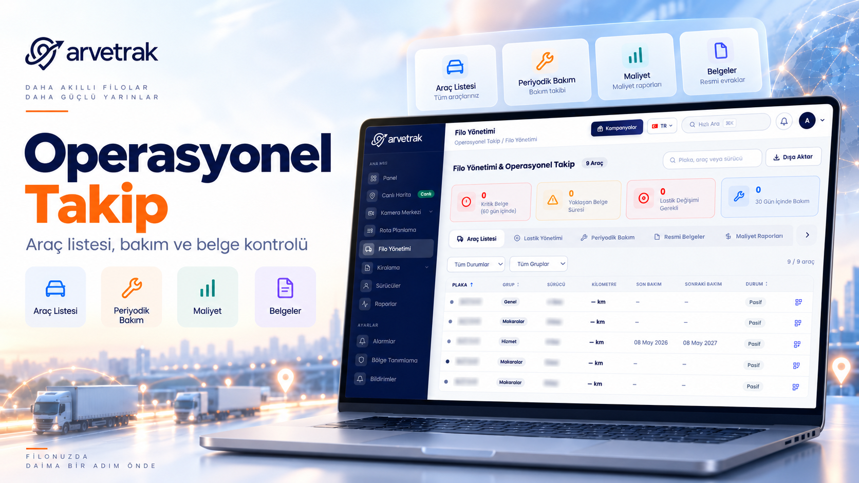 ARVETRAK filo yönetimi ve operasyonel takip ekranı