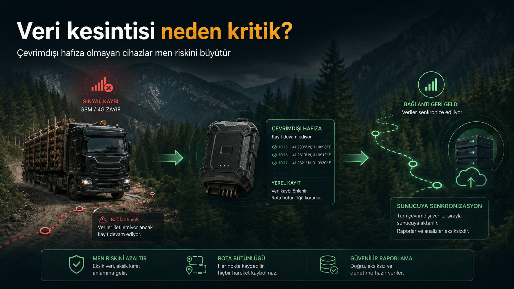 Orman taşımacılığında veri kesintisini gösteren takip ekranı.