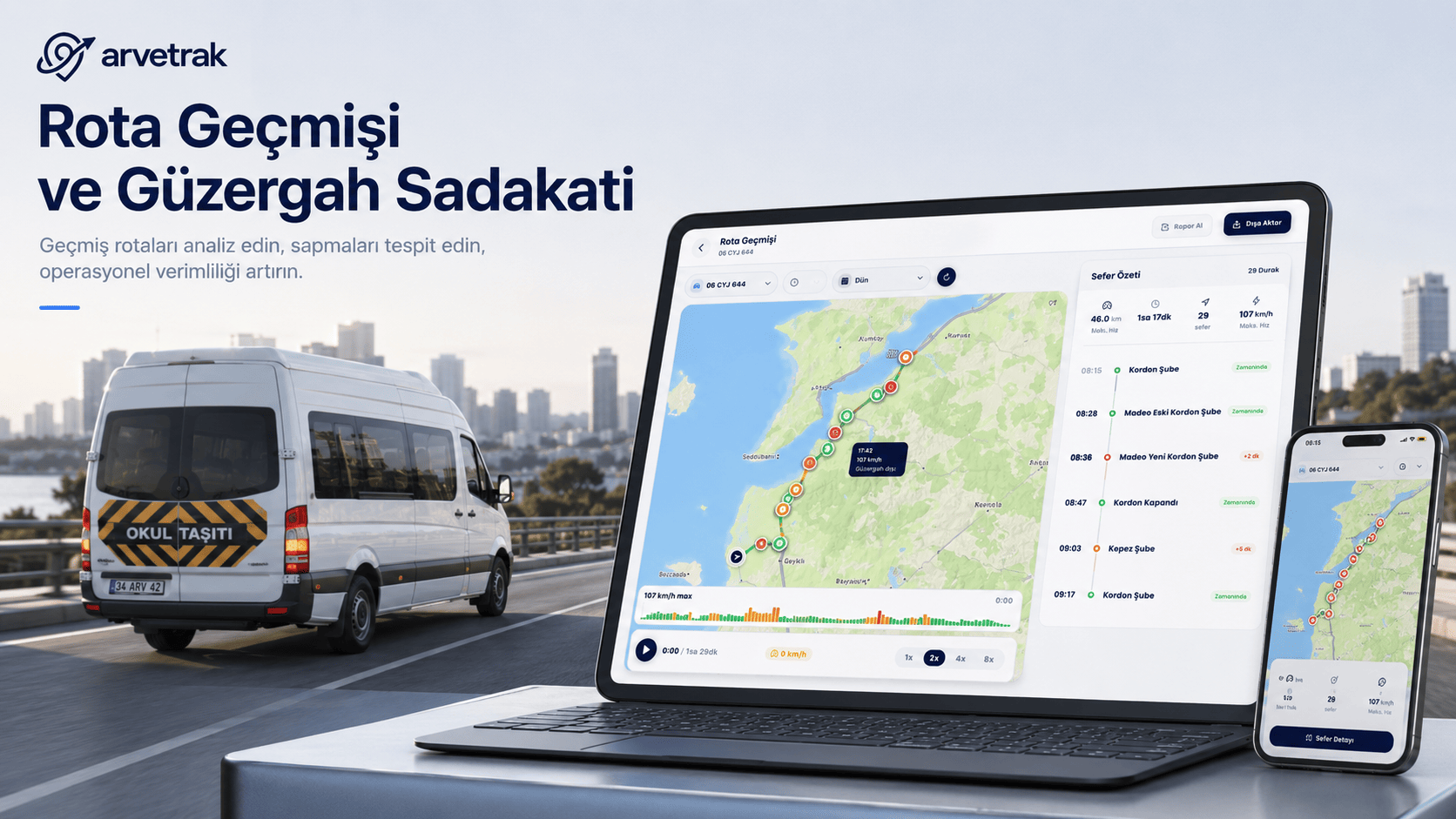 Servis takip cihazında rota geçmişi ekranı.