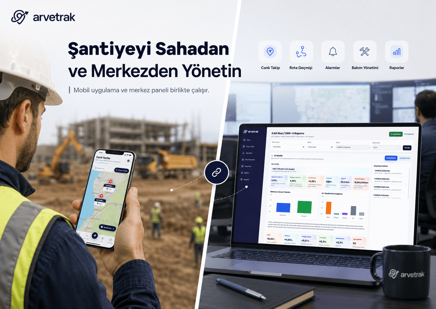 İş makinelerinin tek merkezden yönetim ekranı.