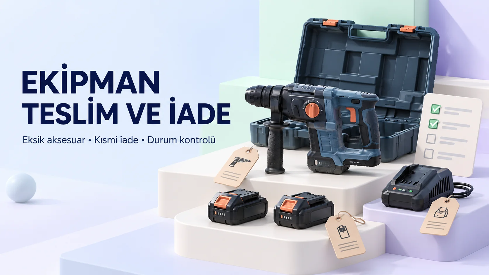 Ekipman teslim ve iade kontrolünü anlatan kırıcı, akü, şarj cihazı ve çanta illüstrasyonu