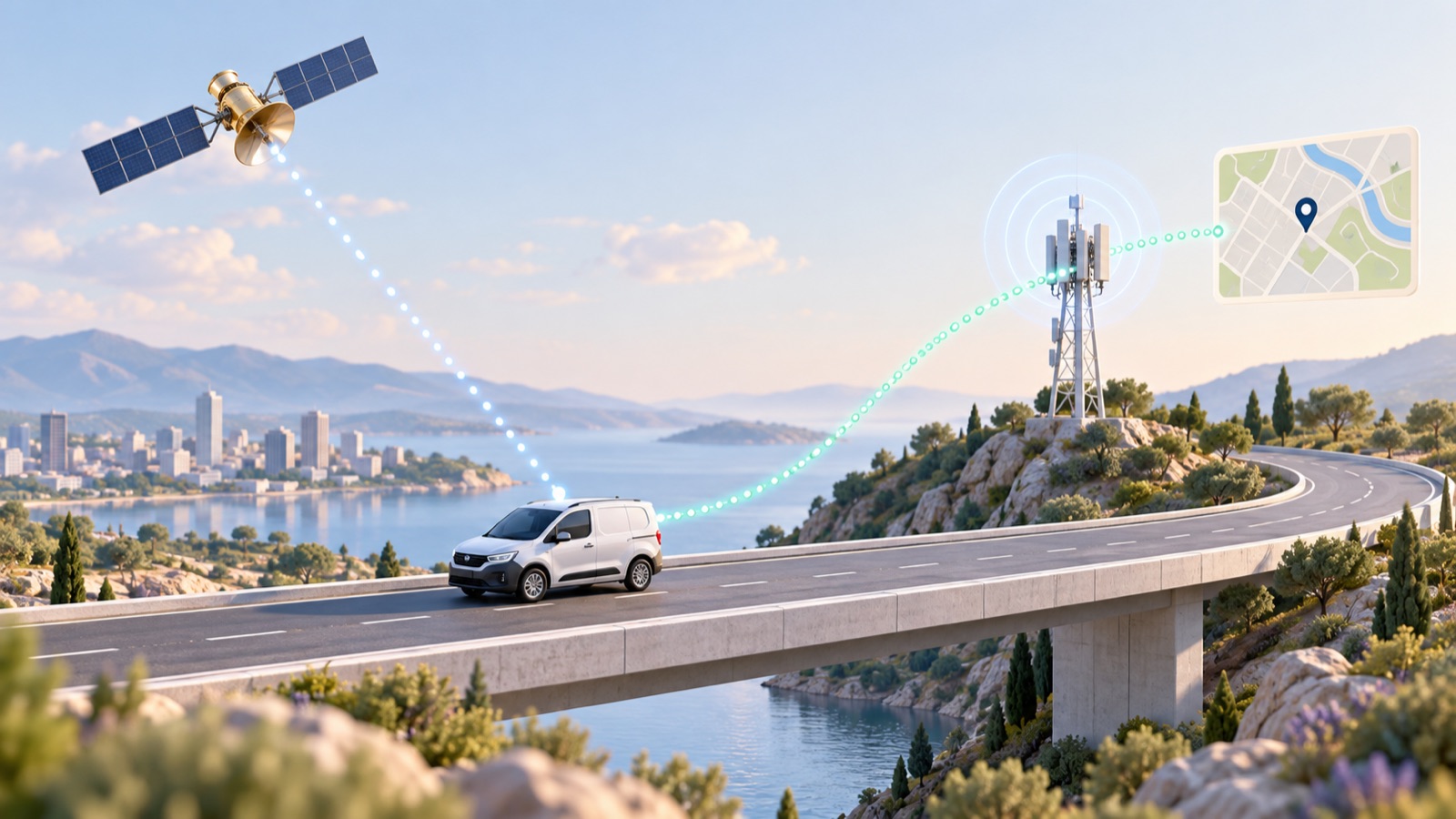 GPS ile konum belirleme ve mobil şebekeyle veri aktarımını ayrı gösteren temsili illüstrasyon
