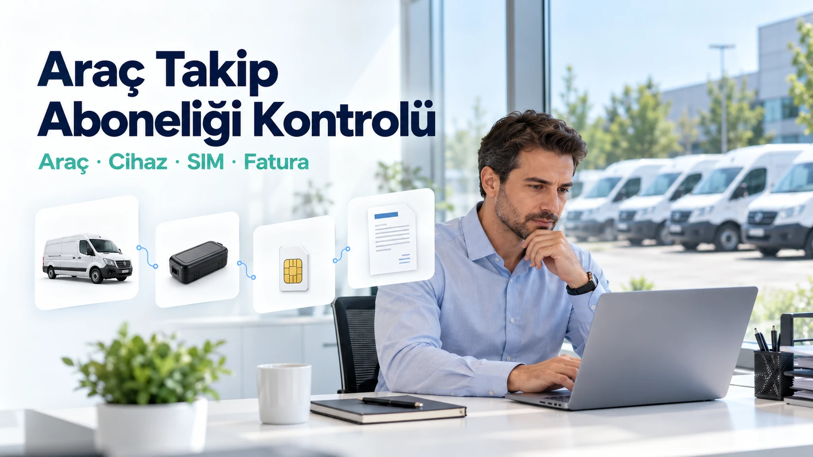 Araç, takip cihazı, SIM ve fatura kayıtlarını değerlendiren filo yöneticisini anlatan temsili görsel