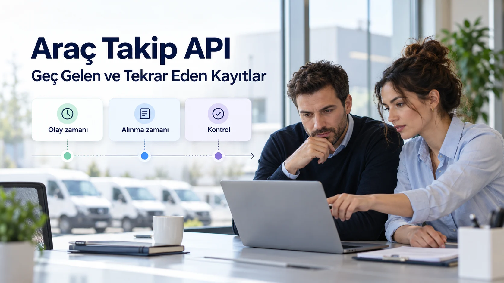 Araç takip API verisinde olay zamanı, alınma zamanı ve kontrol ilişkisini anlatan temsili tasarım