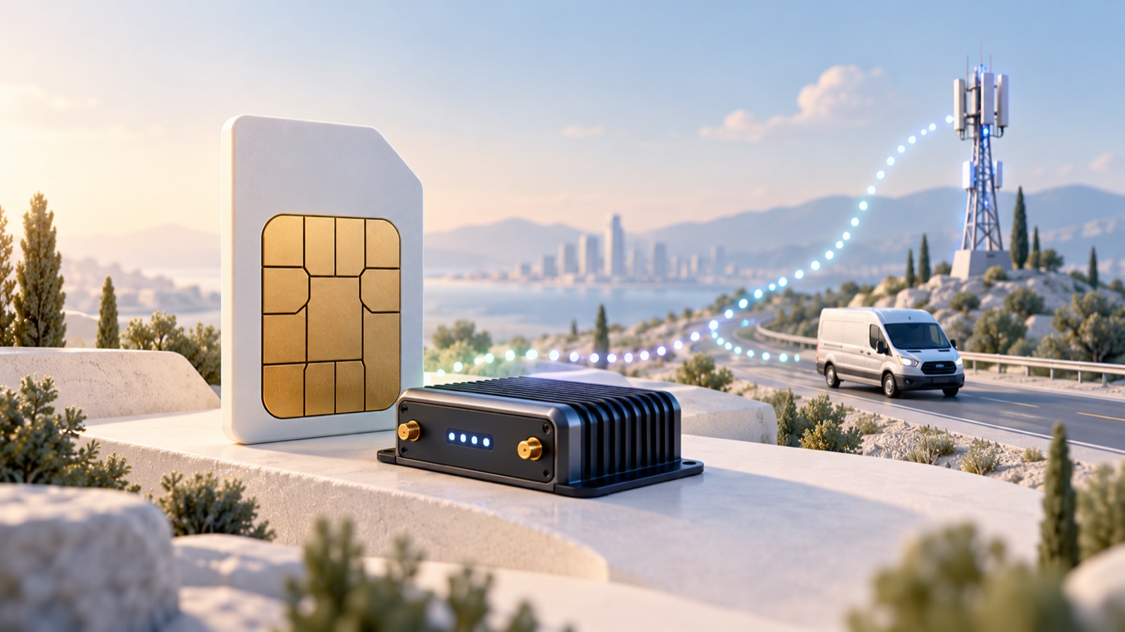 M2M SIM kartı, araç cihazı ve mobil veri iletişimini anlatan temsili illüstrasyon