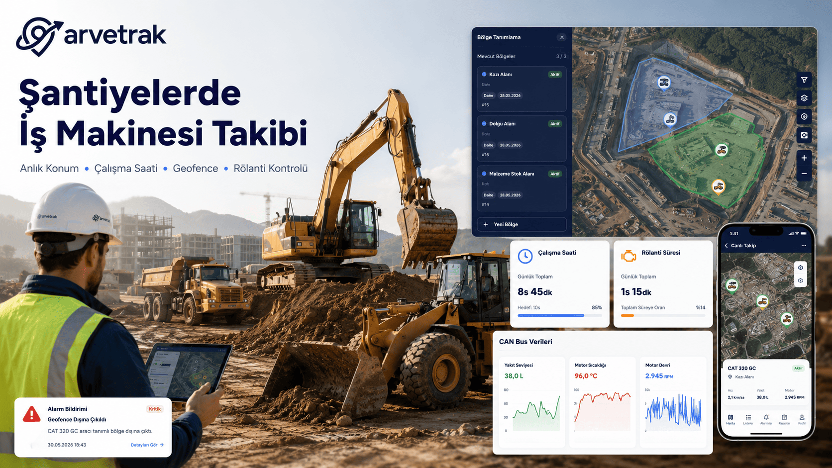 Şantiyede çalışan hafriyat kamyonu ve iş makinesi üzerinde dijital araç takip arayüzü
