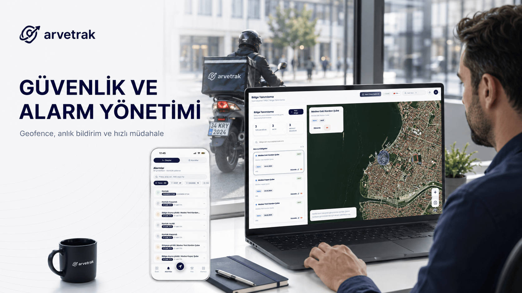 Kurye takip sisteminde alarm güvenliği ekranı.