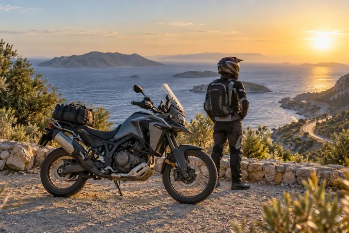 Sahil yolunda mola veren motorcu