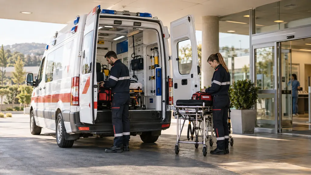 Sağlık tesisi araç alanında park hâlindeki ambulanslar — temsili kullanım senaryosu
