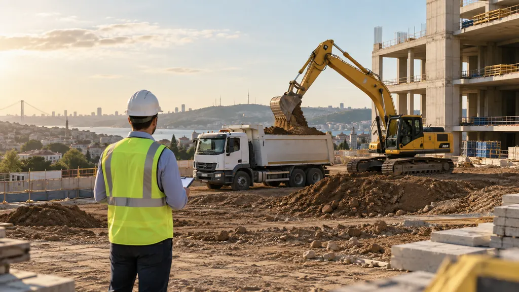 İş makineleri ve kamyonların bulunduğu düzenli bir şantiye sahası — temsili kullanım senaryosu