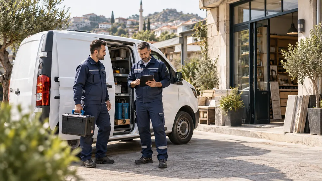 Müşteri ziyareti öncesinde servis aracı yanında hazırlanan saha ekibi — temsili kullanım senaryosu