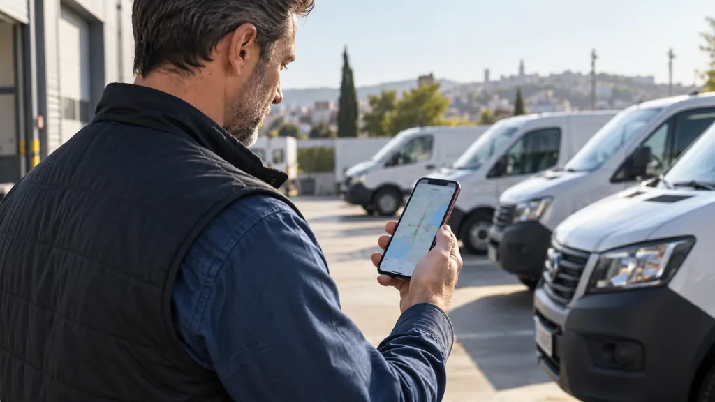 Park etmiş araçların yanında telefonunu kullanan bir filo yöneticisi — temsili kullanım senaryosu