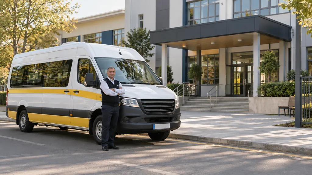 Hareket öncesi kontrolleri yapılan, park hâlindeki okul servis araçları — temsili kullanım senaryosu